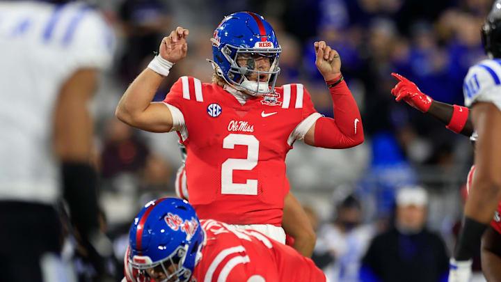 Mississippi Rebels quarterback Jaxson Dart (2) calls a play during the first quarter of the TaxSlayer Gator Bowl Thursday, Jan. 2, 2025 at EverBank Stadium in Jacksonville, Fla. [Corey Perrine/Florida Times-Union]
