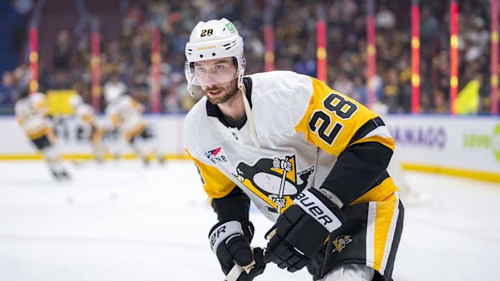 Oct 26, 2024; Vancouver, British Columbia, CAN; Pittsburgh Penguins defenseman Marcus Pettersson (28) skates during warm up prior to a game against the Vancouver Canucks at Rogers Arena. Mandatory Credit: Bob Frid-Imagn Images