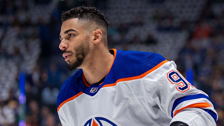 May 8, 2024; Vancouver, British Columbia, CAN; Edmonton Oilers forward Evander Kane (91) skates in warm up prior to game one of the second round of the 2024 Stanley Cup Playoffs against the Vancouver Canucks at Rogers Arena. Mandatory Credit: Bob Frid-Imagn Images