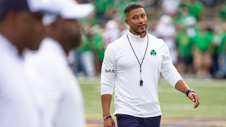Oct 10, 2026; South Bend, Indiana, USA; Notre Dame Fighting Irish head coach Marcus Freeman before facing the Stanford Cardinal at Notre Dame Stadium. Mandatory Credit: Michael Caterina-Imagn Images