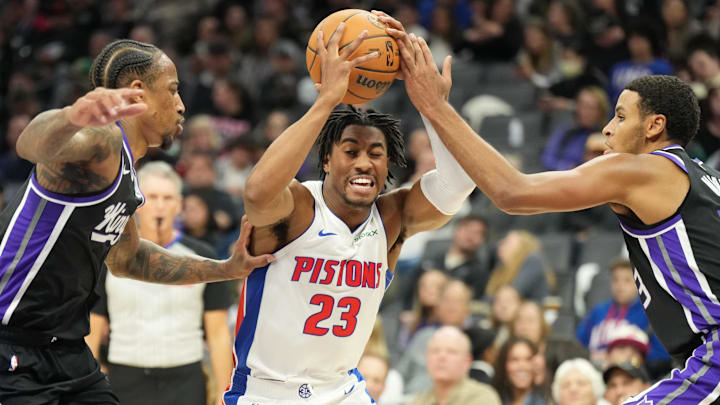 Dec 26, 2024; Sacramento, California, USA; Detroit Pistons guard Jaden Ivey (23) drives in against the Sacramento Kings during the second quarter at Golden 1 Center. Mandatory Credit: Kelley L Cox-Imagn Images