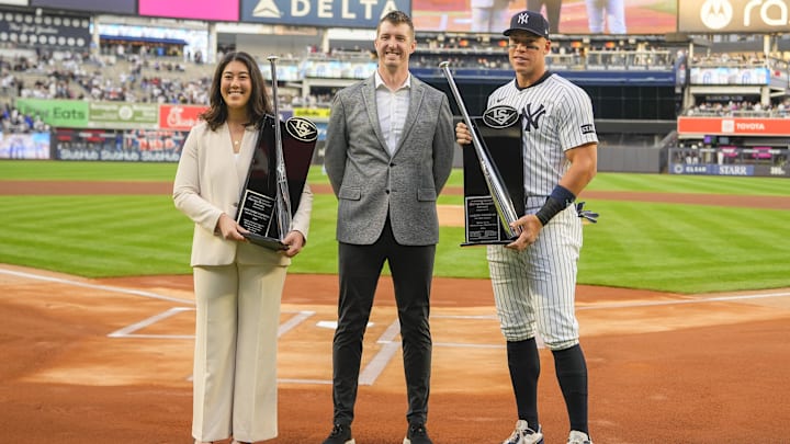Apr 14, 2025; Bronx, New York, USA; New York Yankees right fielder Aaron Judge (99) receives his Sliver Slugger Award from the representatives from Louisville Slugger prior to the game against the Kansas City Royals at Yankee Stadium. Apr 14, 2025; Bronx, New York, USA; New York Yankees right fielder Aaron Judge (99) receives his Sliver Slugger Award from the representatives from Louisville Slugger prior to the game against the Kansas City Royals at Yankee Stadium.