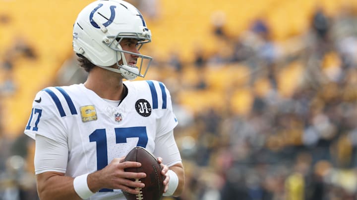 Nov 2, 2025; Pittsburgh, Pennsylvania, USA;  Indianapolis Colts quarterback Daniel Jones (17) warms up before the game against the Pittsburgh Steelers at Acrisure Stadium. Mandatory Credit: Charles LeClaire-Imagn Images