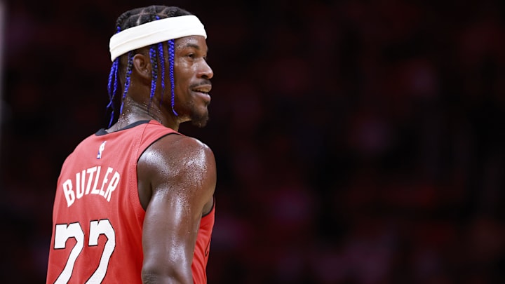 Dec 8, 2024; Miami, Florida, USA;  Miami Heat forward Jimmy Butler (22) smiles at the bench against the Cleveland Cavaliers during the second half at Kaseya Center. Mandatory Credit: Rhona Wise-Imagn Images