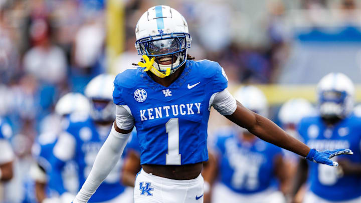 Sep 21, 2024; Lexington, Kentucky, USA; Kentucky Wildcats defensive back Maxwell Hairston (1) runs onto the field before the game against the Ohio Bobcats at Kroger Field. Mandatory Credit: Jordan Prather-Imagn Images