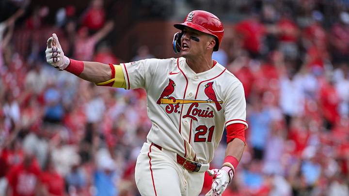 Jun 6, 2026; St. Louis, Missouri, USA; St. Louis Cardinals center fielder Lars Nootbaar (21) reacts after hitting a go ahead two run home run against the Cincinnati Reds during the eighth inning at Busch Stadium. Mandatory Credit: Jeff Curry-Imagn Images Jun 6, 2026; St. Louis, Missouri, USA; St. Louis Cardinals center fielder Lars Nootbaar (21) reacts after hitting a go ahead two run home run against the Cincinnati Reds during the eighth inning at Busch Stadium. Mandatory Credit: Jeff Curry-Imagn Images