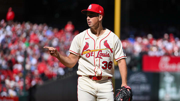 Mar 28, 2026; St. Louis, Missouri, USA; St. Louis Cardinals starting pitcher Michael McGreevy (36) reacts as he walks off the field after the third out against the Tampa Bay Rays during the sixth inning at Busch Stadium. Mandatory Credit: Jeff Curry-Imagn Images