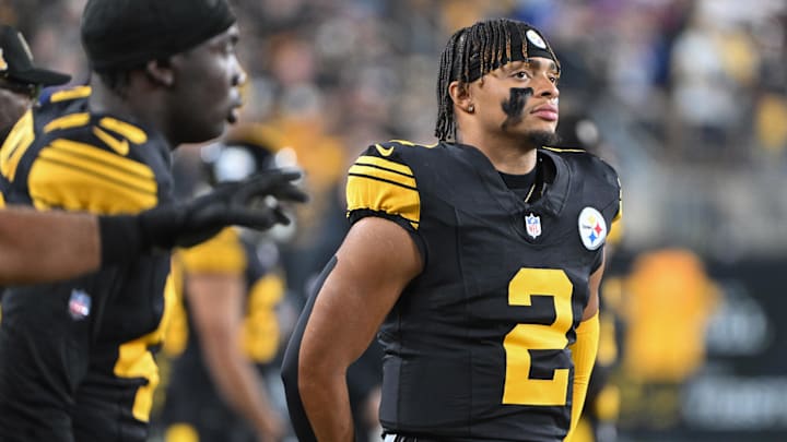 Oct 28, 2024; Pittsburgh, Pennsylvania, USA; Pittsburgh Steelers quarterback Justin Fields (2) watches the action during the first quarter of a game against the New York Giants at Acrisure Stadium. Mandatory Credit: Barry Reeger-Imagn Images