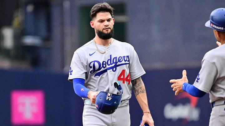 Oct 12, 2026; Milwaukee, Wisconsin, USA;  Los Angeles Dodgers outfielder Andy Pages (44) reacts at second base during the second inning against the Milwaukee Brewers in game two of the NLCS for the 2026 MLB Playoffs at American Family Field.  Mandatory Credit: Benny Sieu-Imagn Images