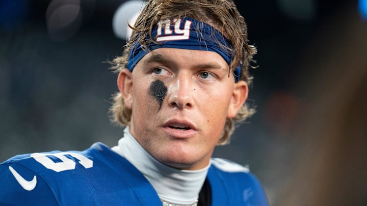 New York Giants quarterback Jaxson Dart (6) talks with players after winning the Thursday Night Football game between the New York Giants and the Philadelphia Eagles at MetLife Stadium in East Rutherford on Oct. 9, 2025.
