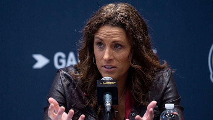 Stephanie White, new Indiana Fever head coach, speaks Monday, Nov. 4, 2024, during a press conference.