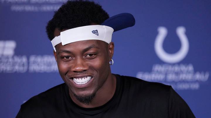 Indianapolis Colts defensive end Arden Key speaks to media members before the team’s veteran minicamp practice Tuesday, June 9, 2026, at the Indiana Farm Bureau Football Center in Indianapolis.