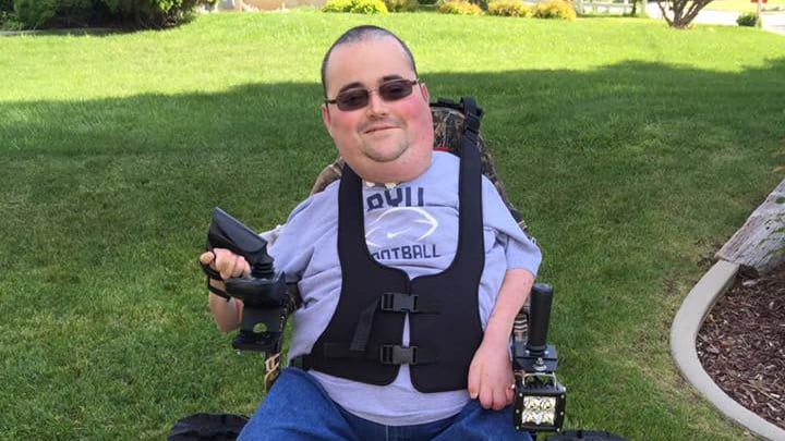 Dustin Matthews in his new track chair.