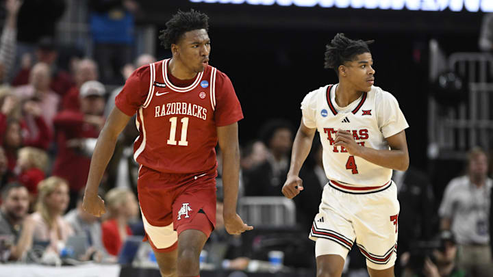 Mar 27, 2025; San Francisco, CA, USA; Arkansas Razorbacks forward Karter Knox (11) reacts after shooting a three point basket during the second half against the Texas Tech Red Raiders during a West Regional semifinal of the 2025 NCAA tournament at Chase Center. Mandatory Credit: Eakin Howard-Imagn Images