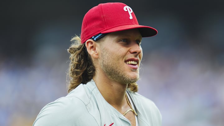 Aug 24, 2024; Kansas City, Missouri, USA; Philadelphia Phillies third baseman Alec Bohm (28) leaves the field during the third inning against the Kansas City Royals at Kauffman Stadium