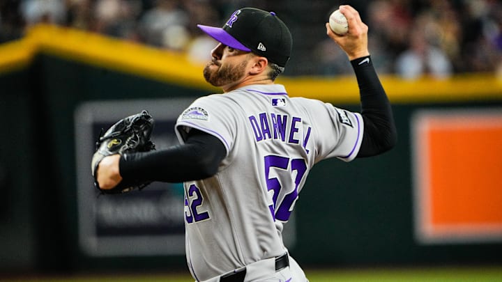 Aug 9, 2025; Phoenix, Arizona, USA; Colorado Rockies pitcher Dugan Darnell (52) pitches in the sixth inning of the game between the Arizona Diamondbacks and Colorado Rockies at Chase Field. Mandatory Credit: Arianna Grainey-Imagn Images Aug 9, 2025; Phoenix, Arizona, USA; Colorado Rockies pitcher Dugan Darnell (52) pitches in the sixth inning of the game between the Arizona Diamondbacks and Colorado Rockies at Chase Field. Mandatory Credit: Arianna Grainey-Imagn Images