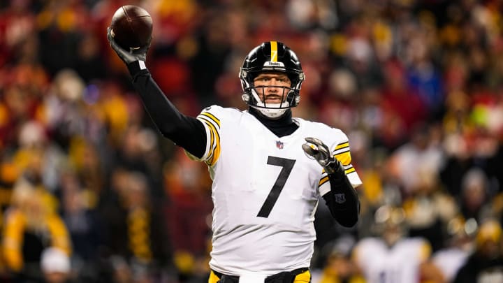 Jan 16, 2022; Kansas City, Missouri, USA; Pittsburgh Steelers quarterback Ben Roethlisberger (7) throws a pass against the Kansas City Chiefs during the second half in an AFC Wild Card playoff football game at GEHA Field at Arrowhead Stadium. Mandatory Credit: Jay Biggerstaff-USA TODAY Sports