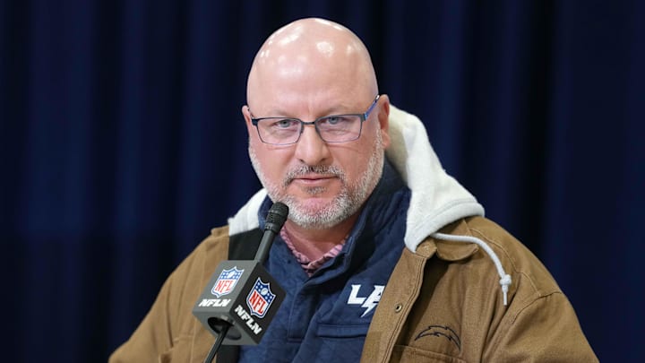 Feb 24, 2026; Indianapolis, IN, USA; Los Angeles Chargers general manager Joe Hortiz speaks at the NFL Scouting Combine at the Indiana Convention Center. Mandatory Credit: Kirby Lee-Imagn Images