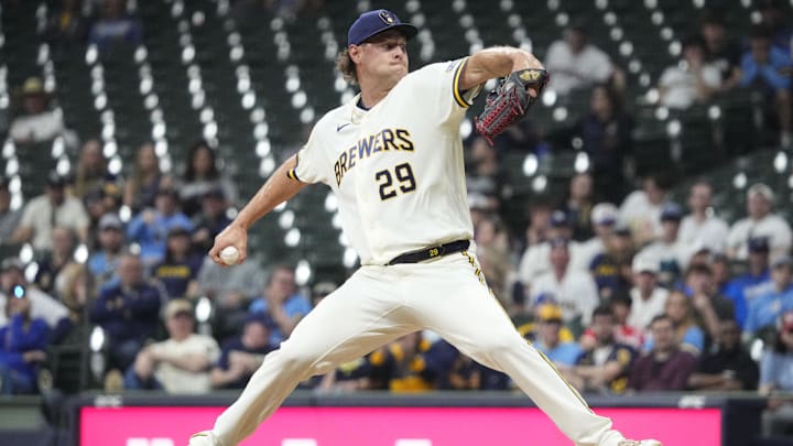 Mar 30, 2026; Milwaukee, Wisconsin, USA; Milwaukee Brewers pitcher Trevor Megill (29) delivers a pitch against the Tampa Bay Rays in the ninth inning at American Family Field. Mandatory Credit: Michael McLoone-Imagn Images