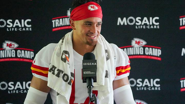 Jul 29, 2026; St. Joseph, MO, USA; Kansas City Chiefs safety Alohi Gilman (17) speaks to media after training camp at Missouri Western State University. Mandatory Credit: Denny Medley-Imagn Images Jul 29, 2026; St. Joseph, MO, USA; Kansas City Chiefs safety Alohi Gilman (17) speaks to media after training camp at Missouri Western State University. Mandatory Credit: Denny Medley-Imagn Images
