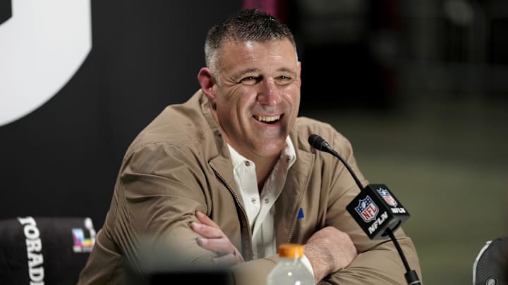Feb 2, 2026; San Jose, CA, USA; New England Patriots head coach Mike Vrabel speaks to media during Opening Night for Super Bowl LX at San Jose Convention Center. Mandatory Credit: Kyle Terada-Imagn Images