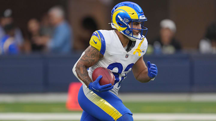 Aug 16, 2025; Inglewood, California, USA; Los Angeles Rams running back Cody Schrader (32) carries the ball against the Los Angeles Chargers in the second half at SoFi Stadium. Mandatory Credit: Kirby Lee-Imagn Images Aug 16, 2025; Inglewood, California, USA; Los Angeles Rams running back Cody Schrader (32) carries the ball against the Los Angeles Chargers in the second half at SoFi Stadium. Mandatory Credit: Kirby Lee-Imagn Images