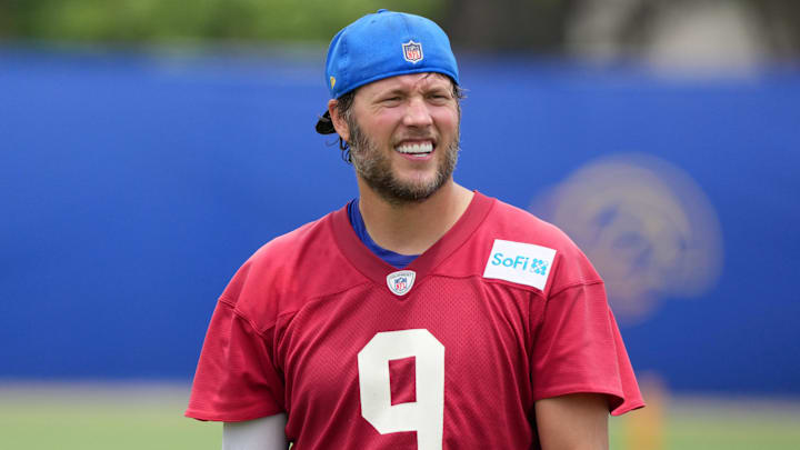 Jun 3, 2025; Woodland Hills, CA, USA; Los Angeles Rams quarterback Matthew Stafford (9) during organized team activities at Rams Practice Facility. Mandatory Credit: Kirby Lee-Imagn Images