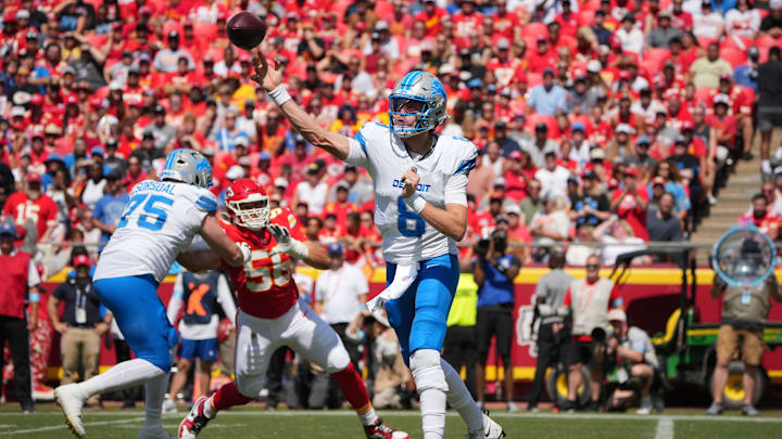 Aug 17, 2024; Kansas City, Missouri, USA; Detroit Lions quarterback Nate Sudfeld (8) throws a pass against the Kansas City Chiefs during the first half at GEHA Field at Arrowhead Stadium. Mandatory Credit: Denny Medley-Imagn Images
