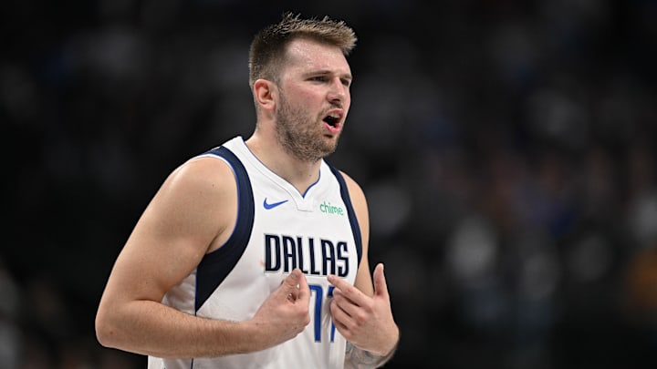 Nov 3, 2024; Dallas, Texas, USA; Dallas Mavericks guard Luka Doncic (77) reacts to receiving a technical foul during the second half against the Orlando Magic at the American Airlines Center. Mandatory Credit: Jerome Miron-Imagn Images