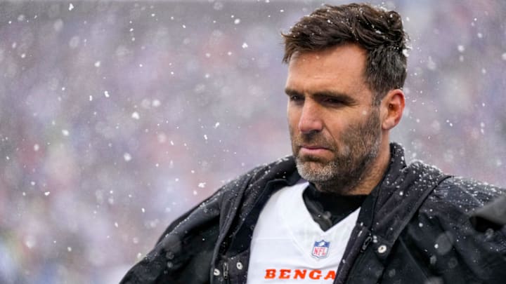 Cincinnati Bengals quarterback Joe Flacco (16) stands on the sideline in the second quarter of the NFL Week 14 game between the Buffalo Bills and the Cincinnati Bengals at Highmark Stadium in Orchard Park, N.Y., on Sunday, Dec. 7, 2025.