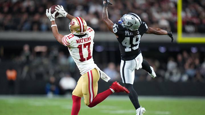 Aug 27, 2026; Paradise, Nevada, USA; San Francisco 49ers wide receiver Jordan Watkins (17) leaps to catch a pass against Las Vegas Raiders safety Devyn Perkins (49) during the third quarter at Allegiant Stadium. Mandatory Credit: Kirby Lee-Imagn Images Aug 27, 2026; Paradise, Nevada, USA; San Francisco 49ers wide receiver Jordan Watkins (17) leaps to catch a pass against Las Vegas Raiders safety Devyn Perkins (49) during the third quarter at Allegiant Stadium. Mandatory Credit: Kirby Lee-Imagn Images