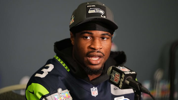 Feb 5, 2026; San Jose, CA, USA; Seattle Seahawks safety Nick Emmanwori (3) talks to media members at the San Jose Marriott. Mandatory Credit: Darren Yamashita-Imagn Images