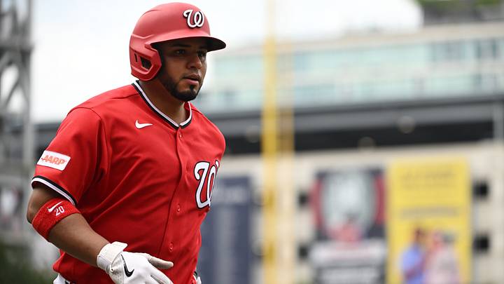 Jun 14, 2026; Washington, District of Columbia, USA; Washington Nationals catcher Keibert Ruiz (20) jogs back to the dugout after hitting a home run against the Seattle Mariners during the seventh inning at Nationals Park. Mandatory Credit: Rafael Suanes-Imagn Images