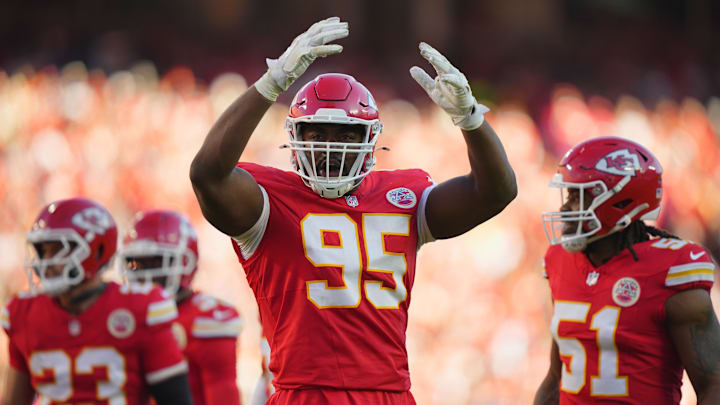 Nov 23, 2025; Kansas City, Missouri, USA; Kansas City Chiefs defensive tackle Chris Jones (95) reacts in the second half against the Indianapolis Colts at GEHA Field at Arrowhead Stadium. Mandatory Credit: Jay Biggerstaff-Imagn Images Nov 23, 2025; Kansas City, Missouri, USA; Kansas City Chiefs defensive tackle Chris Jones (95) reacts in the second half against the Indianapolis Colts at GEHA Field at Arrowhead Stadium. Mandatory Credit: Jay Biggerstaff-Imagn Images