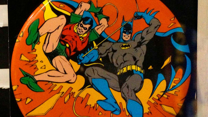 A 1960s Batman inspired button at Freaktoyz as seen, Thursday, March 19, 2026, in Sheboygan, Wis. The firm is celebrating 15 years of business in downtown Sheboygan.