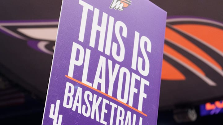 Sep 14, 2025; Phoenix, Arizona, USA; A general view playoff signage during a timeout between the New York Liberty and Phoenix Mercury during game one of the 2025 WNBA Playoffs round one at PHX Arena. Mandatory Credit: Allan Henry-Imagn Images