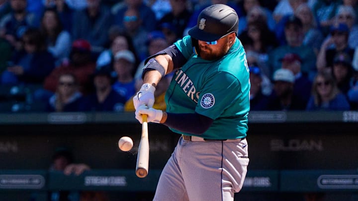 Seattle Mariners infielder Rowdy Tellez hits a home run during a spring training game against the Chicago Cubs on March 8 at Sloan Park.