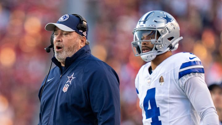 October 8, 2023; Santa Clara, California, USA; Dallas Cowboys head coach Mike McCarthy (left) and