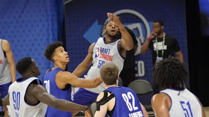 May 15, 2024; Chicago, IL, USA; Bronny James (50) takes a shot during the 2024 NBA Draft Combine at Wintrust Arena. Mandatory Credit: David Banks-USA TODAY Sports