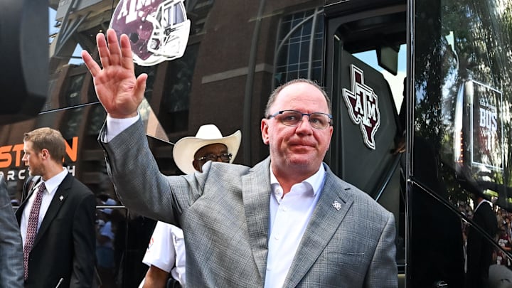 Aug 31, 2024; College Station, Texas, USA; Texas A&M Aggies head coach Mike Elko arrives prior to the game against the Notre Dame Fighting Irish at Kyle Field. Mandatory Credit: Maria Lysaker-USA TODAY Sp Aug 31, 2024; College Station, Texas, USA; Texas A&M Aggies head coach Mike Elko arrives prior to the game against the Notre Dame Fighting Irish at Kyle Field. Mandatory Credit: Maria Lysaker-USA TODAY Sp