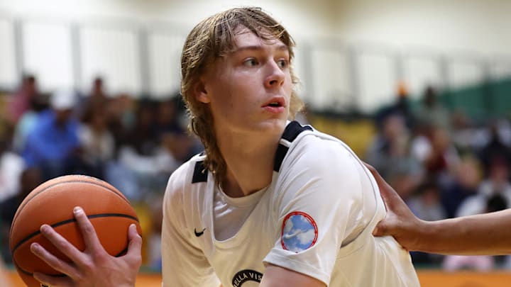 Jan 2, 2026; Mesa, AZ, USA; CIA Bella Vista (AZ) forward Vaughn Karvala (24) against Oak Cliff Faith Family Academy (TX) during the HoopHall West Tournament at Skyline High School. Mandatory Credit: Mark J. Rebilas-Imagn Images