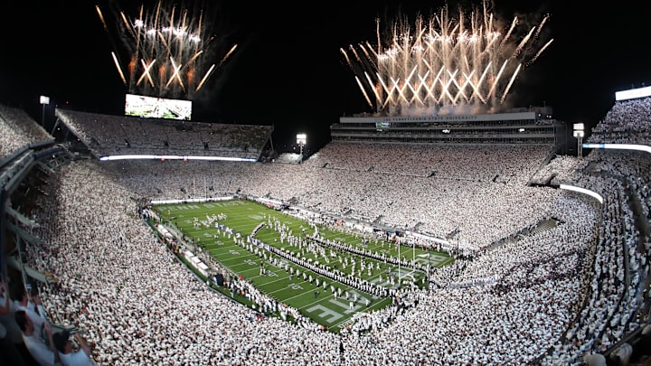 Fireworks are seen over an announced crowd of 111,015 during a White-Out game at Penn State Fireworks are seen over an announced crowd of 111,015 during a White-Out game at Penn State