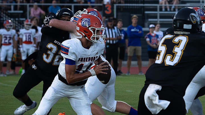 Freeport’s Carter Nunes (14) makes a play against Rutherford during their Kickoff Classic game at Tommy Oliver Stadium in Panama City, Fla., Aug. 15, 2025. (Tyler Orsburn/News Herald)