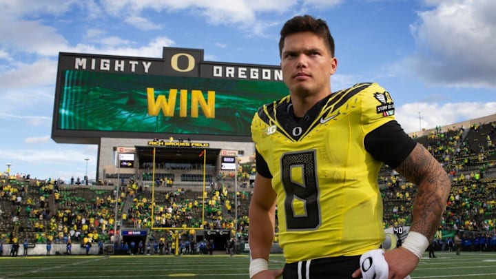 Oregon quarterback Dillon Gabriel leaves the field after the win over Illinois at Autzen Stadium in Eugene Saturday, Oct 26, 2024.