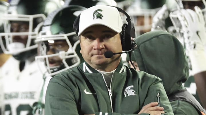Oct 26, 2024; Ann Arbor, Michigan, USA;  Michigan State Spartans head coach Jonathan Smith on the sideline in the second half against the Michigan Wolverines at Michigan Stadium. Mandatory Credit: Rick Osentoski-Imagn Images