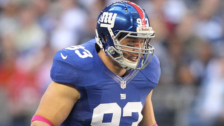 Oct 28, 2012; Arlington, TX, USA; New York Giants linebacker Chase Blackburn (93) on the line of scrimmage during the game against the Dallas Cowboys at Cowboys Stadium. The Giants beat the Cowboys 29-24.  
