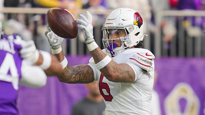 Dec 1, 2024; Minneapolis, Minnesota, USA; Arizona Cardinals running back James Conner (6) tries to catch a pass against the Minnesota Vikings in the second quarter at U.S. Bank Stadium. Mandatory Credit: Brad Rempel-Imagn Images