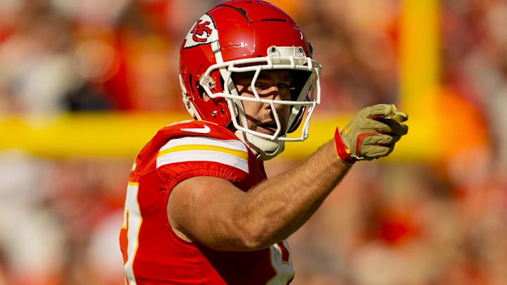 Nov 10, 2024; Kansas City, Missouri, USA; Kansas City Chiefs tight end Travis Kelce (87) celebrates a first down during the first half against the Denver Broncos at GEHA Field at Arrowhead Stadium. Mandatory Credit: Jay Biggerstaff-Imagn Images