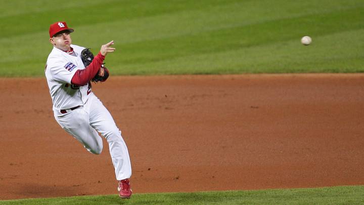 Oct 24, 2006; St. Louis, MO, USA; St. Louis Cardinals shortstop David Eckstein throws to first for an out during the 1st inning of game 3 of the World Series against the Detroit Tigers at Busch Stadium in St. Louis, Missouri. Mandatory Credit: Jerry Lai-USA TODAY Sports Copyright © 2006 Jerry Lai Oct 24, 2006; St. Louis, MO, USA; St. Louis Cardinals shortstop David Eckstein throws to first for an out during the 1st inning of game 3 of the World Series against the Detroit Tigers at Busch Stadium in St. Louis, Missouri. Mandatory Credit: Jerry Lai-USA TODAY Sports Copyright © 2006 Jerry Lai