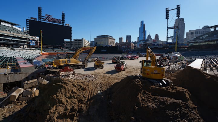 Comerica Park, home of the Detroit Tigers, is under construction for the new Home Plate Club.